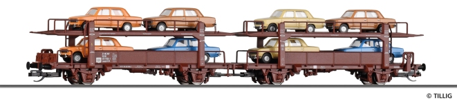 Tillig 18592 - TT - 2-tlg. Set Autotransportwagen Laaek 4357 mit Lada 1200, DR, Ep. IV
